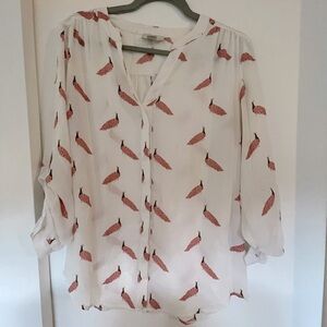 Lightweight white button up shirt with red peacocks Sz M